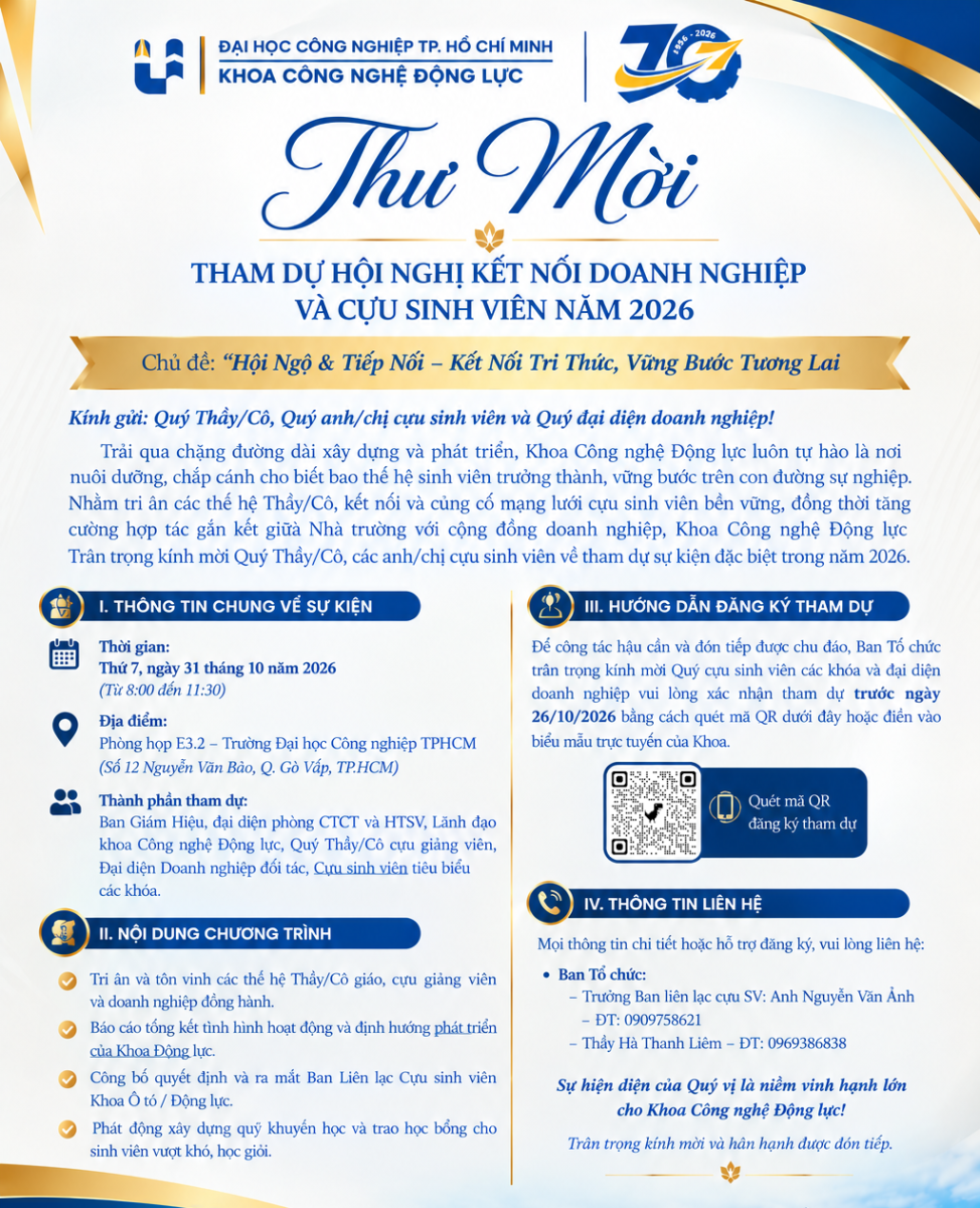 Thông báo kế hoạch tổ chức hội nghị kết nối Doanh nghiệp và Cựu sinh viên khoa Động lực năm 2026
